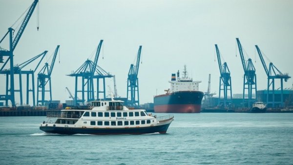 U.S. pressure on Cuba Russian oil tanker visible at industrial port with ferry.