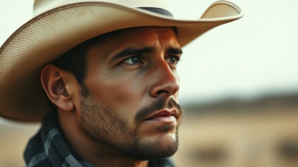 Man in cowboy hat and brown vest looking to the side.