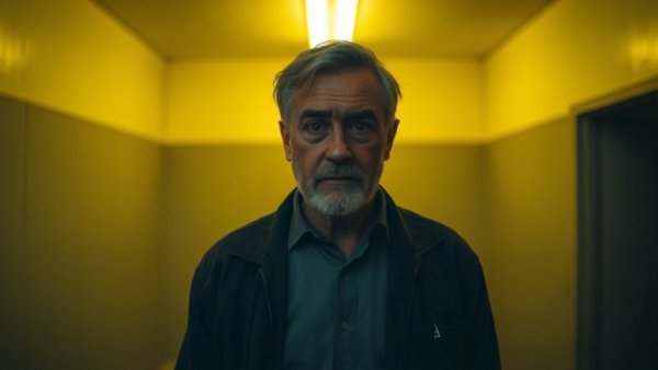 Backrooms movie trailer scene featuring a concerned man in empty yellow room.