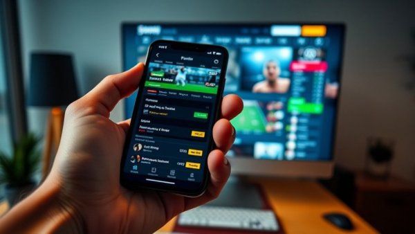 Hand using sports betting app on smartphone with website in background.
