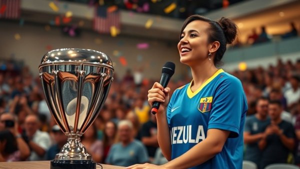 Venezuelan woman speaking with trophy, indoor celebration.