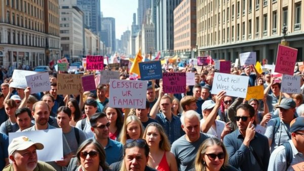 Protesters in America rallying with signs under bright daylight.