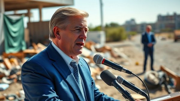 Prominent figure discussing budget proposal amid debris outdoors.