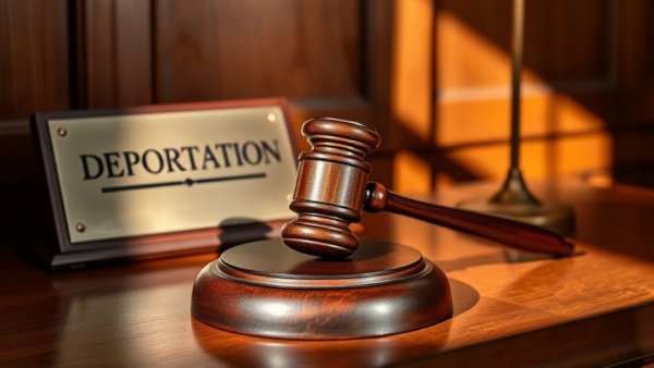 Deportation sign and gavel symbolizing legal action on a desk.