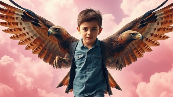 A young boy morphs into a hawk against a pink cloud backdrop, embodying transformation and fantasy.