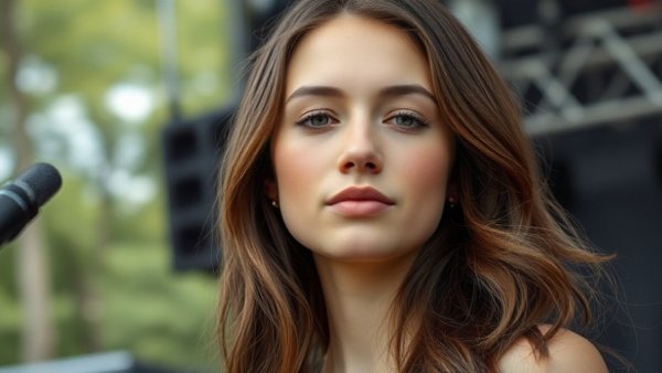 Young woman performing on stage promoting trans visibility.