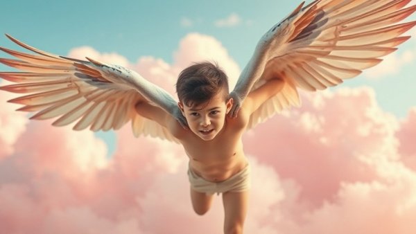 Boy morphing into a bird with pink clouds.