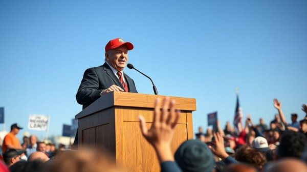 Speaker at podium addressing crowd outdoors with clear sky.