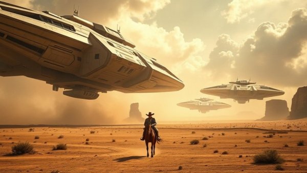 Futuristic spaceships over desert with cowboy, game concept artist historical settings.