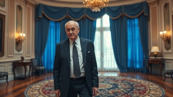 Distinguished older man in formal suit, solemn expression, inside a grand room.