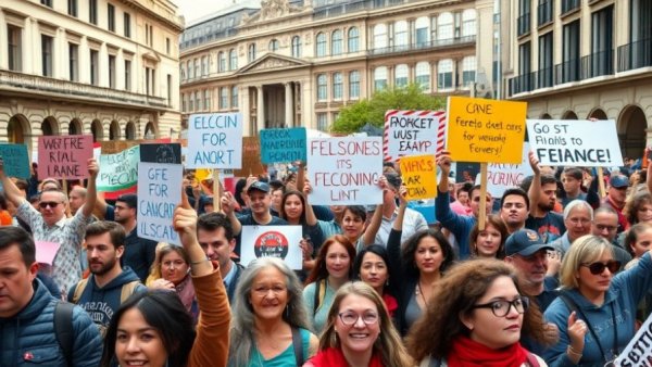 Diverse protest movement in an American city, vibrant and dynamic.