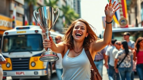 Chelsea Gray celebrating with son and trophy in vibrant street.