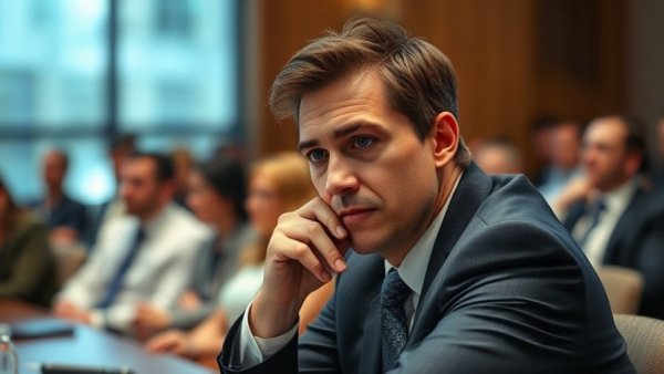 Concerned person seated in meeting, deep in thought, LGBTQ+ books censorship.