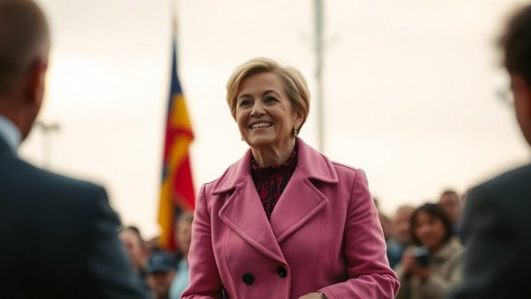 Confident woman speaking at podium with flags, related to Trump Karoline Leavitt relationship.