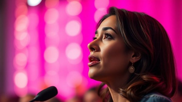 Reflective woman addressing a crowd in a pink-lit setting.