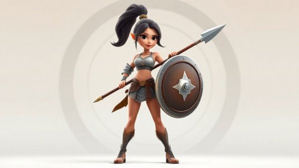 Stylish 3D character design of a warrior woman with spear and shield.