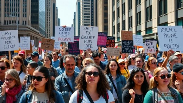 Diverse group protesting for rights in America on city street.