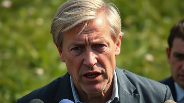 Man speaking intensely in a grassy field, daylight setting.