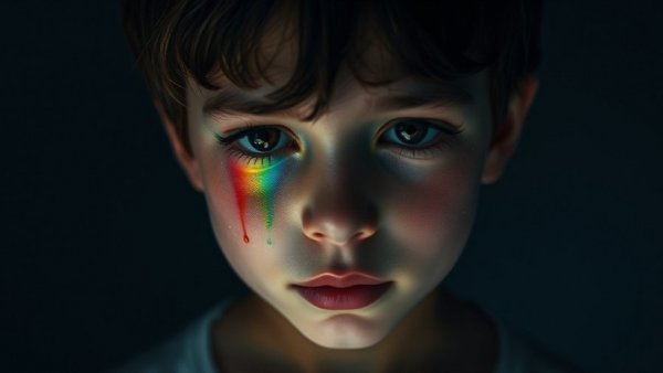 Young person with rainbow tears highlighting harm of conversion therapy.