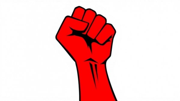 Stylized red fist symbol, isolated on white.