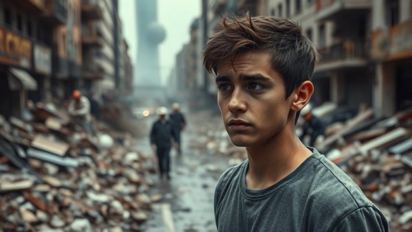 Depressed young man in rubble symbolizing Israel Lebanon humanitarian crisis.