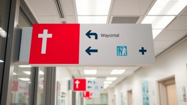 Wayfinding in hospitals: signage with arrows and icons in a corridor.