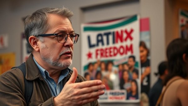 Mature gentleman discusses Latinx Freedom Movement beside poster.