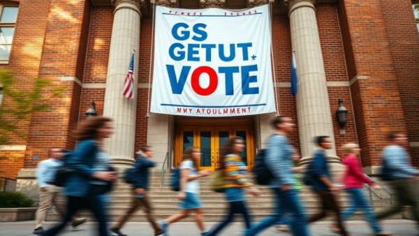 College students passing by entrance with Get Out and Vote sign.