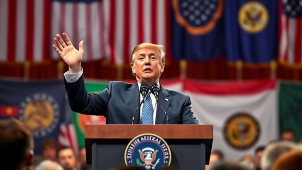 Speaker addressing audience with hands raised, flags backdrop.