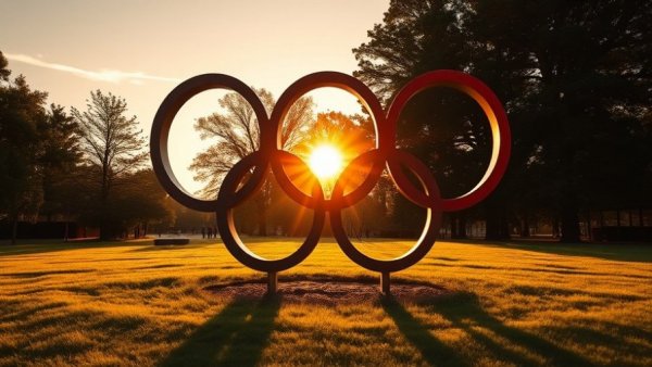 Olympic rings sculpture at sunset in park, symbolizing sports unity.