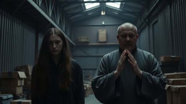 Scene capturing tense discussion and prayer in industrial setting.