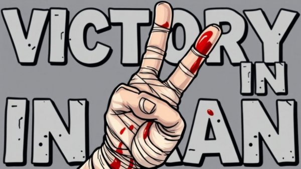 Illustration of bandaged hand showing victory sign, Trump's War on Iran.