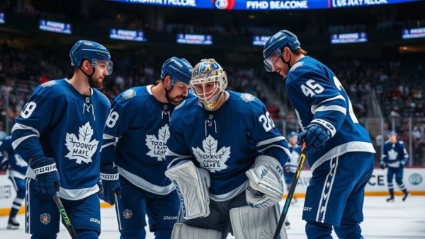Toronto Maple Leafs players aiding an injured teammate off the ice