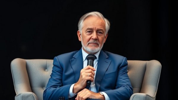 Older man in blue suit holding microphone, Bill Gates Epstein testimony setting.