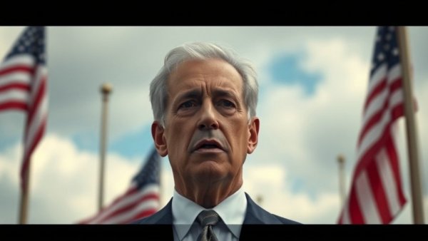 Serious man discussing under a cloudy sky with flags, related to removal of Trump.