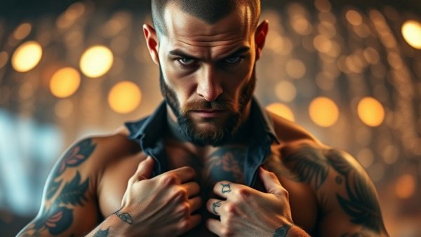Tattooed man expressing confidence with serious look and bold styling.