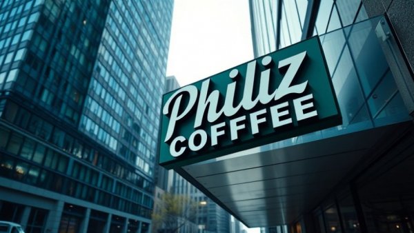Philz Coffee sign on urban building with reflection.