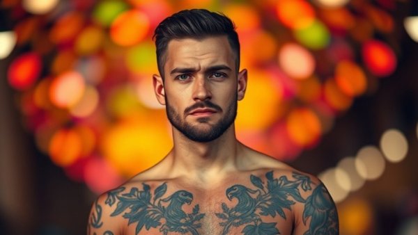 Confident man with tattoos standing against colorful bokeh backdrop.