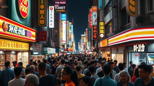 Cross-Border Branding Strategies with fast-food signage in urban night scene.