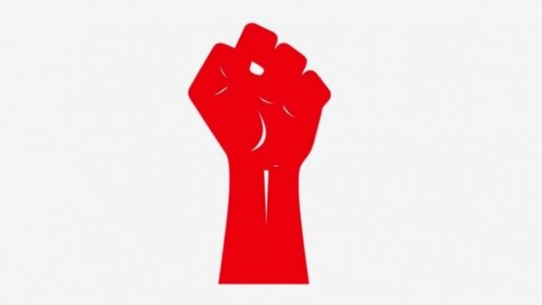 Red fist symbol on white background representing activism and resistance.