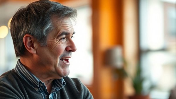 Middle-aged person speaking passionately with warm lighting.