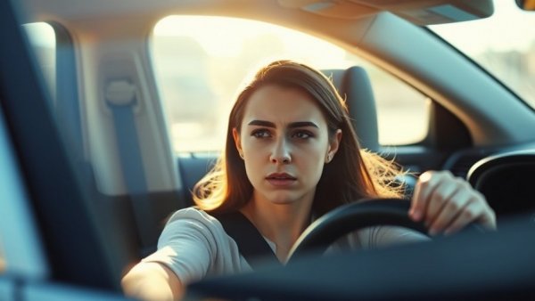 Stressed young woman driver in car, reflecting transgender rights news