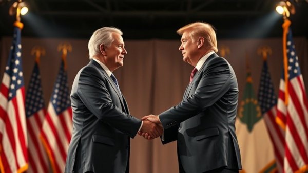 MAGA media division leaders handshake on stage with flags.