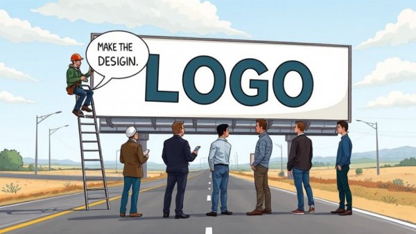 Humorous cartoon on selling design to non-designers with a large logo billboard