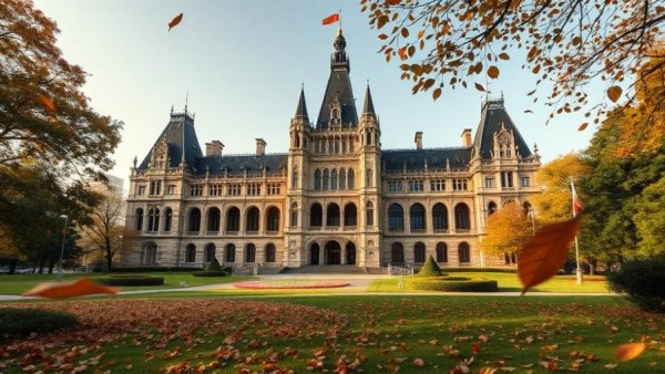 Ontario parliament building in fall with greenery and sculpture.
