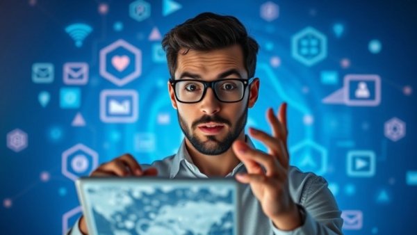 Digital marketing trends 2026 featuring amazed man, interactive screen.