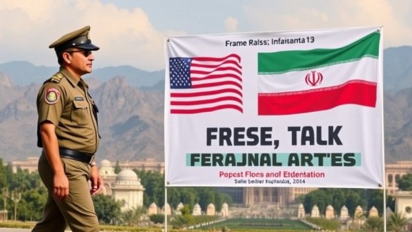 U.S.-Iran peace talks in Islamabad with flag display and landmarks.