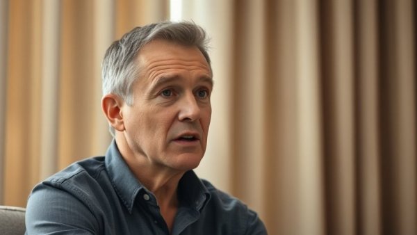 Middle-aged man speaking earnestly about allegations indoors.