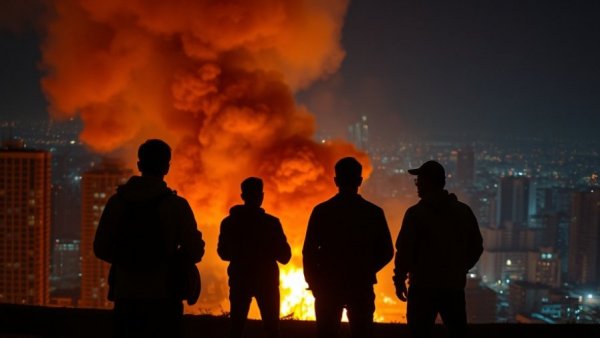 People watching a large fire with smoke, intense night scene.