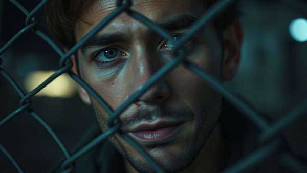 Man with neutral expression behind chain-link fence at an event.